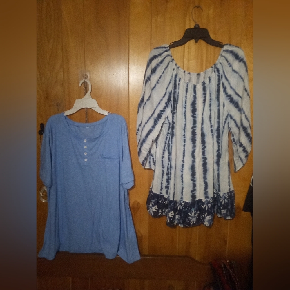 Blue and White Tie-Dye "Est 1946" Women's Top & 5xlarge Solid Blue Short Sleeve